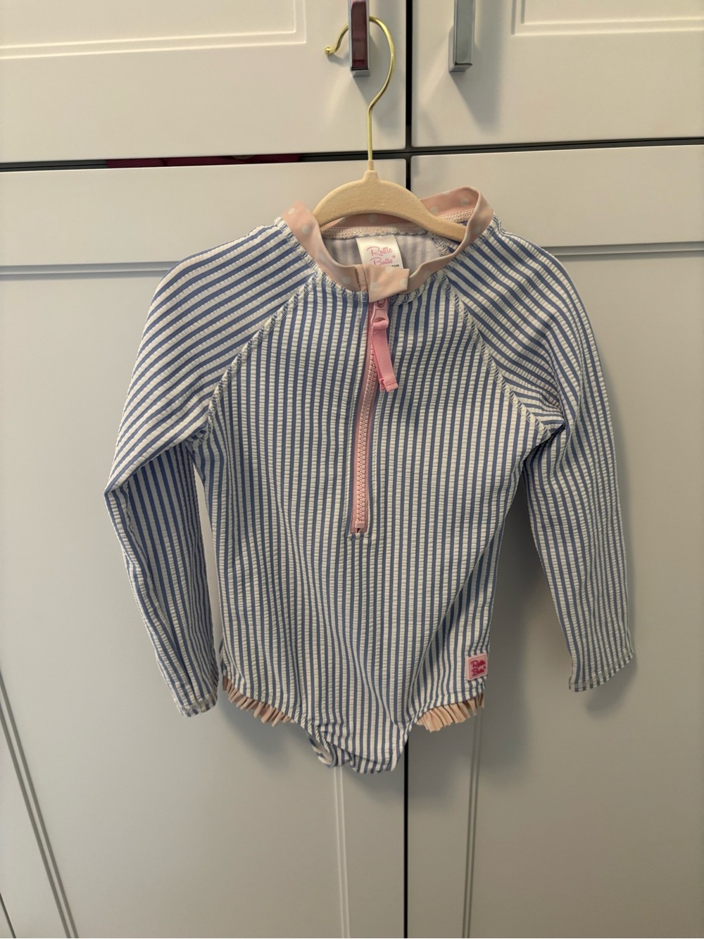 Girls' Blue & White Stripe Long-Sleeve Rashguard with Pink Trim